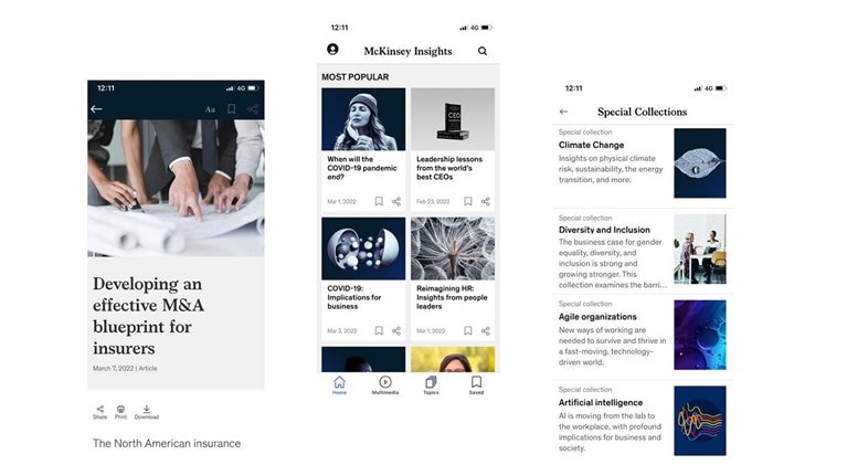 Screenshots displaying McKinsey Insights App for iOS and Android